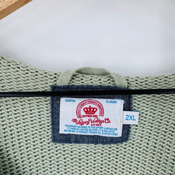 Luxury Vintage 100% Cotton Knit Sweater Sage Green Long Sleeve V-Neck 2XL - Picture 3 of 8